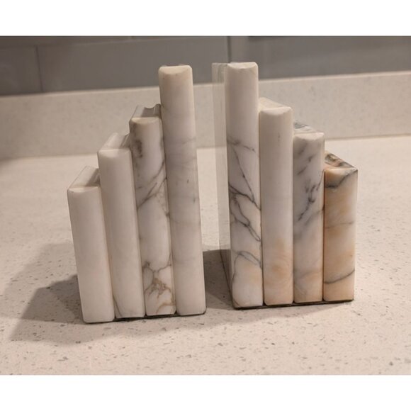 White Marble Bookends Natural Veins Green Base Den library - Picture 11 of 14